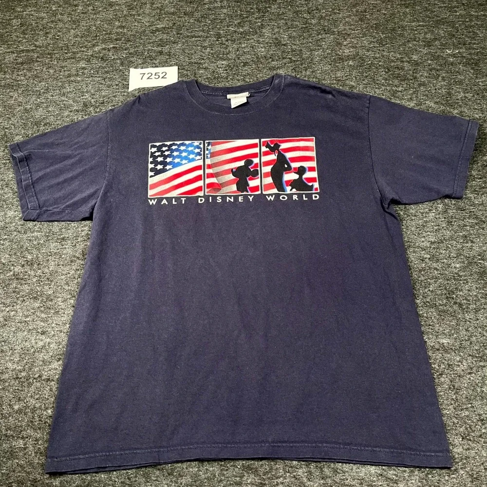 Disney T Shirt Men XL Navy Blue Cotton Crew Neck Mickey Mouse Patriotic USA Flag